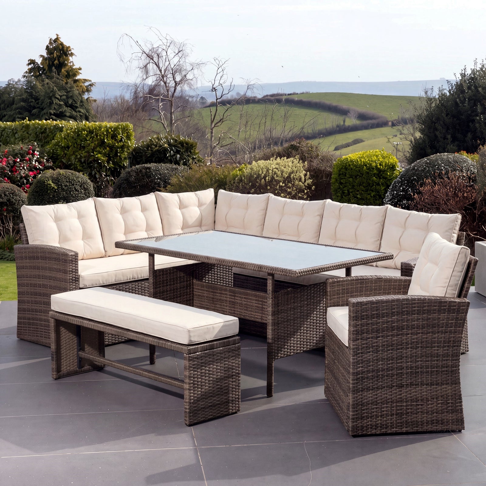Piana 10 Seat Rattan Corner Sofa With Table, Bench And Chair | Cream & Brown