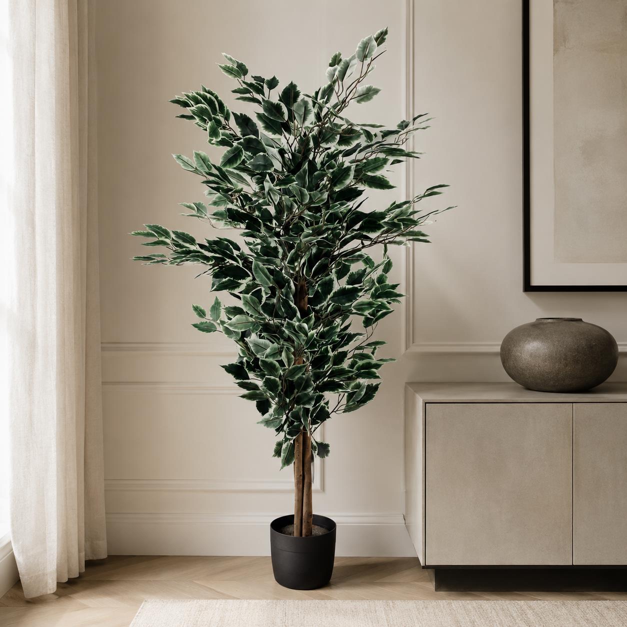 130cm Artificial Tall Variegated Whiteandgreen Bushy Ficus Tree