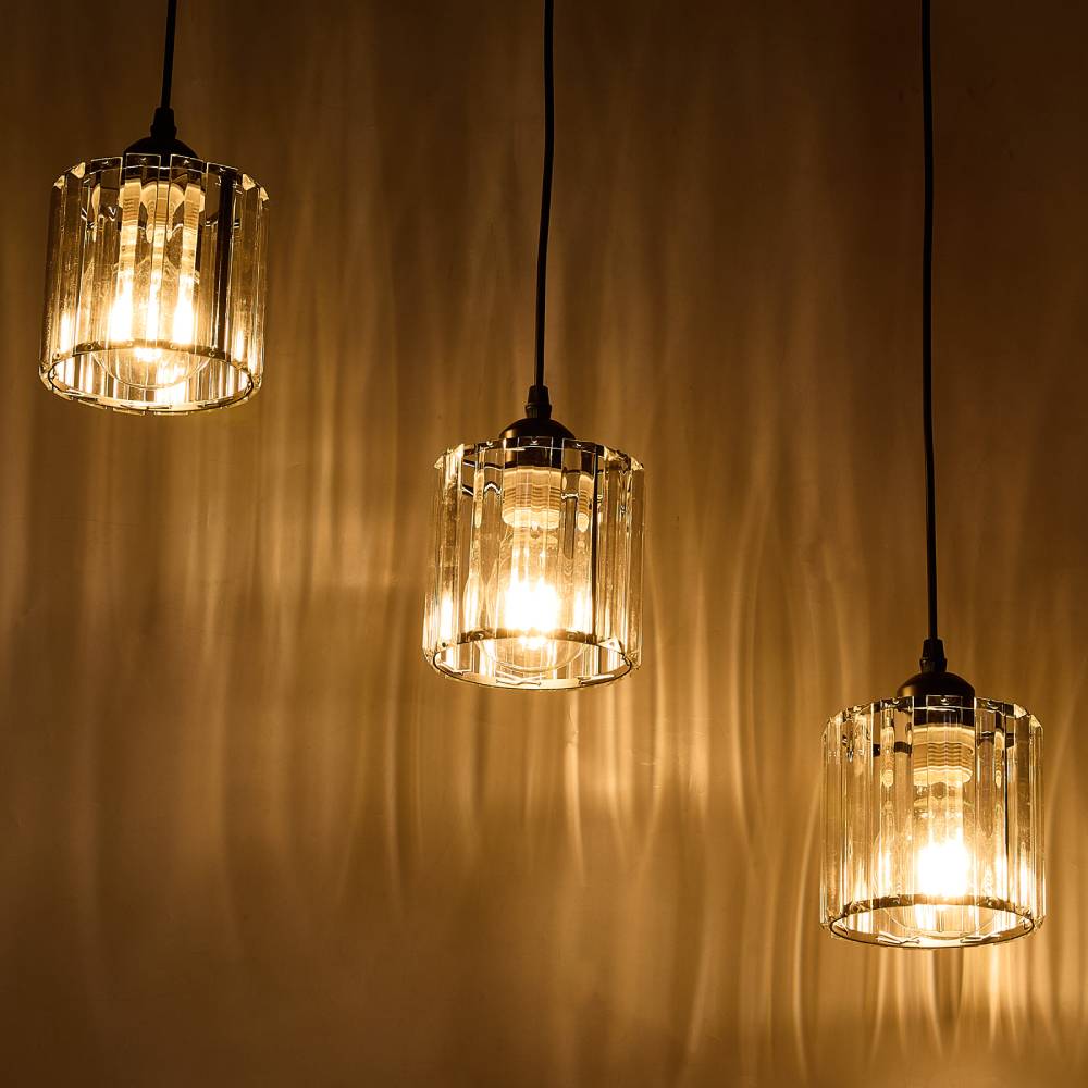 Modern 3-light Crystal Pendant Light Adjustable Linear Ceiling Fixture With Round Glass Shades | Black