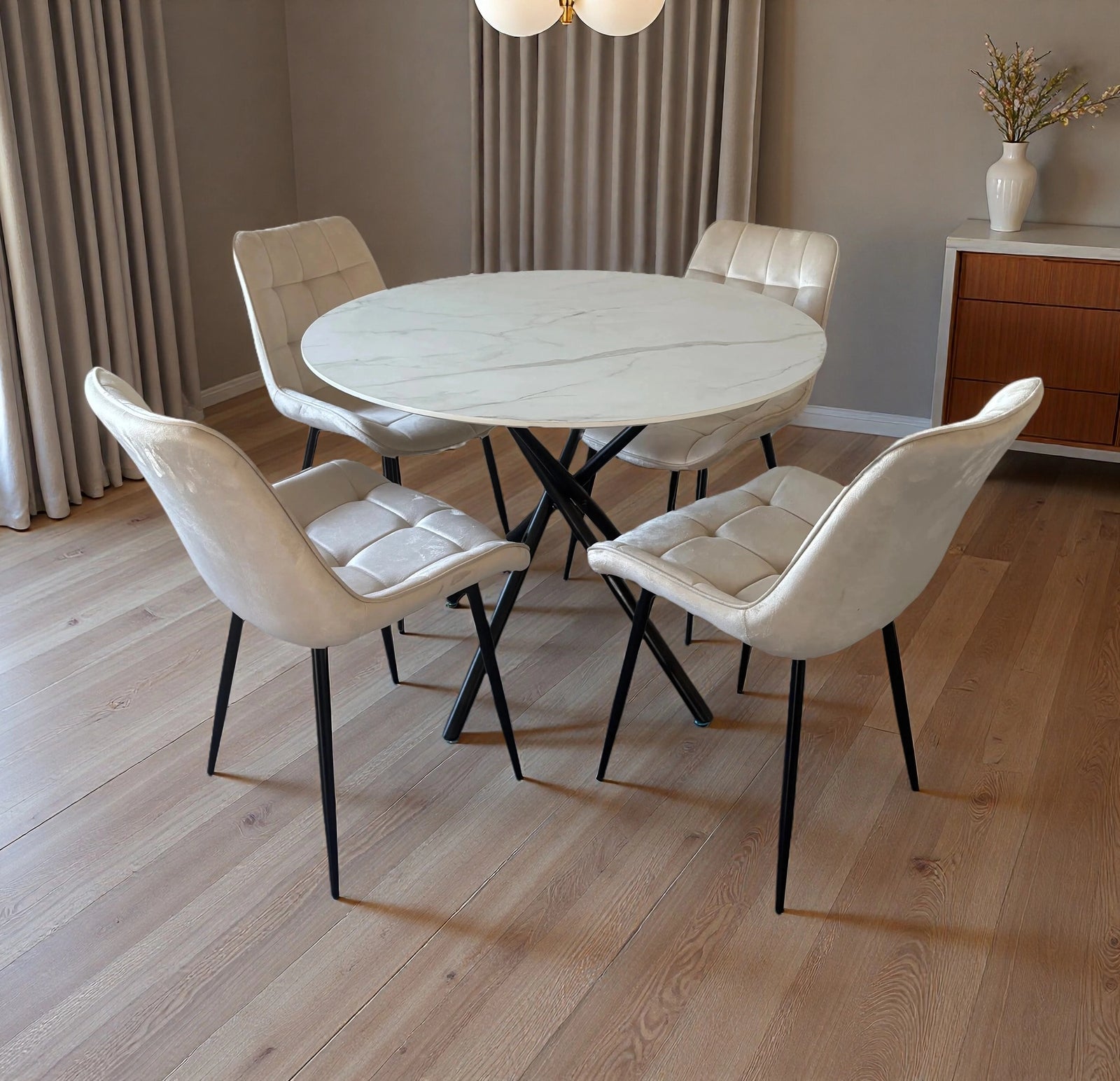 Seattle Dining Table With 4 Erica Velvet Chairs | Cream