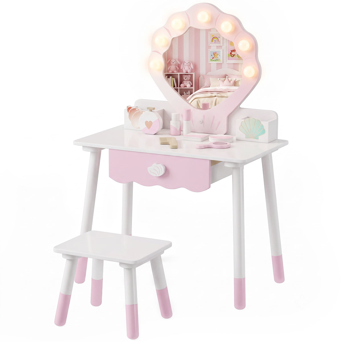 AIYAPLAY Kids Vanity Set With Chair, Acrylic Mirror, Lighted Bulbs, Pink