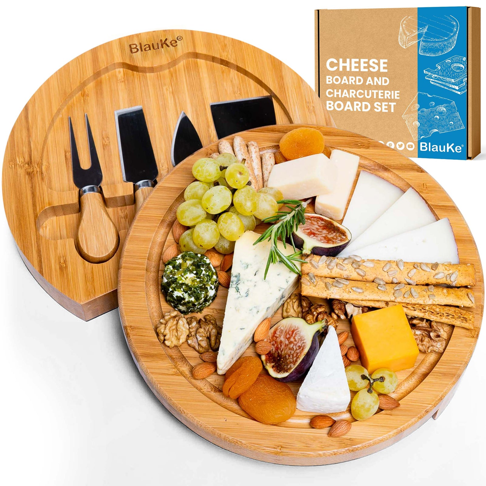 BlauKe Bamboo Cheese Board And Cheese Tool Set - 25cm Round Charcuterie Board, Serving Platter - Wooden Cheese Board Gift Set