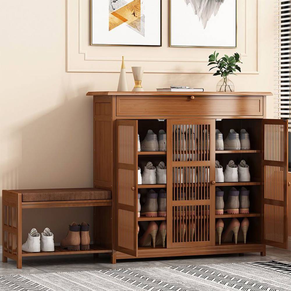 Bamboo Entryway Storage Shoe Cabinet With Bench