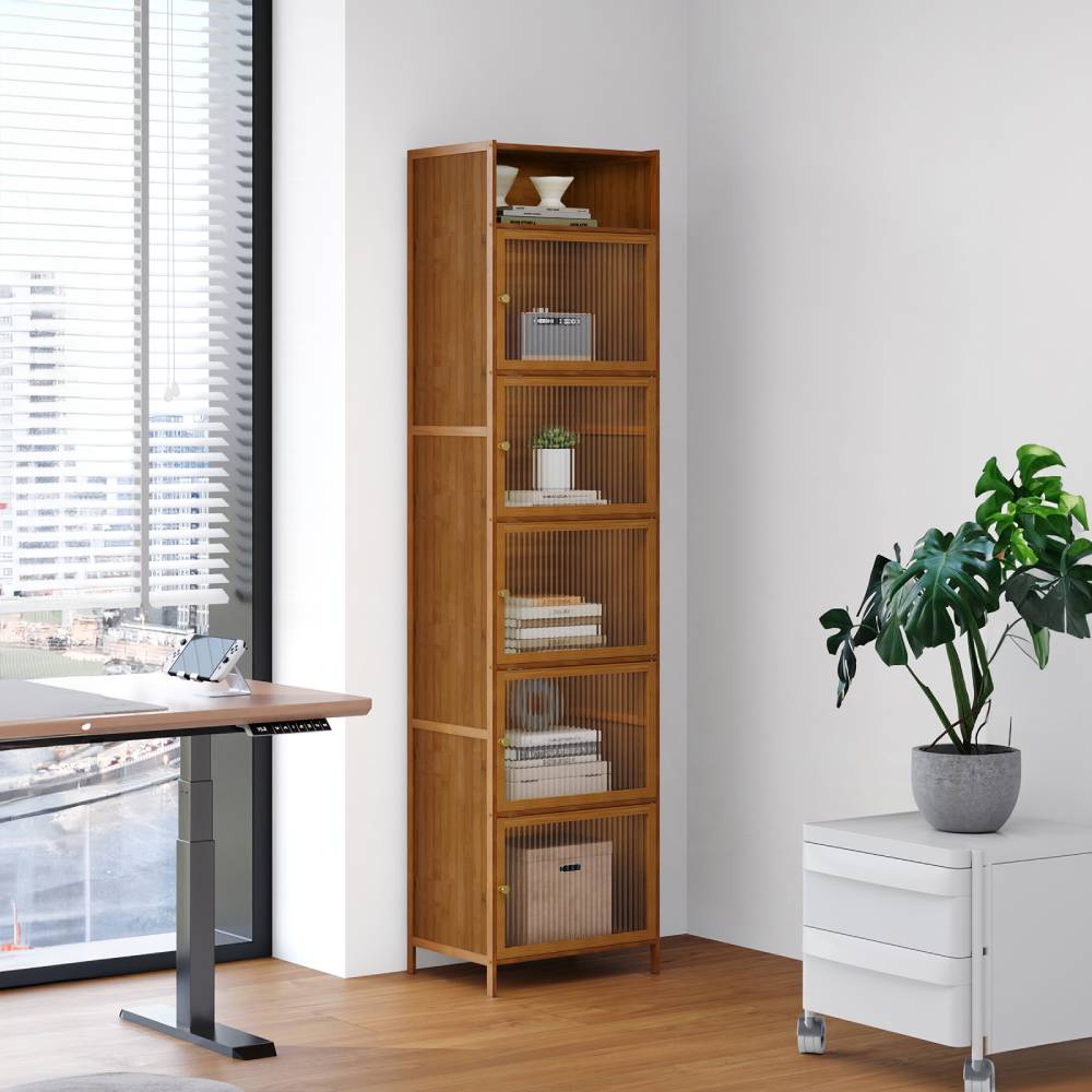 Versatile 6-tier Storage Cabinet With Transparent Doors,bamboo & Mdf Freestanding Organizer For Small Spaces