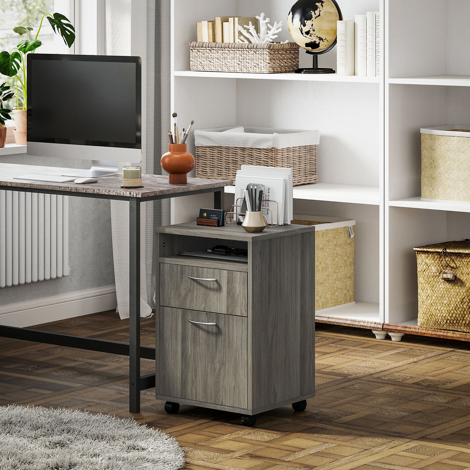 60cm Filing Cabinet With Drawers And Open Shelf | Gray