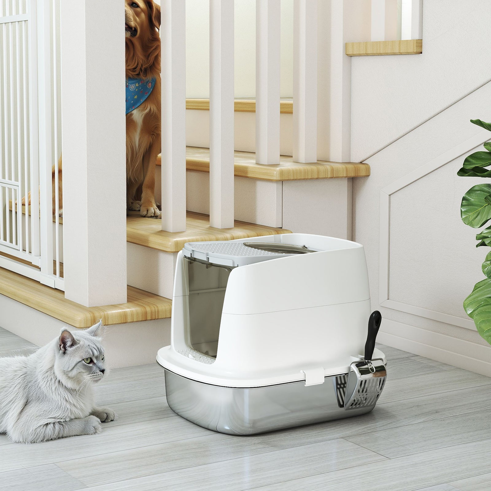 Stainless Steel Litter Box, Enclosed Metal Cat Litter Tray With Scoop