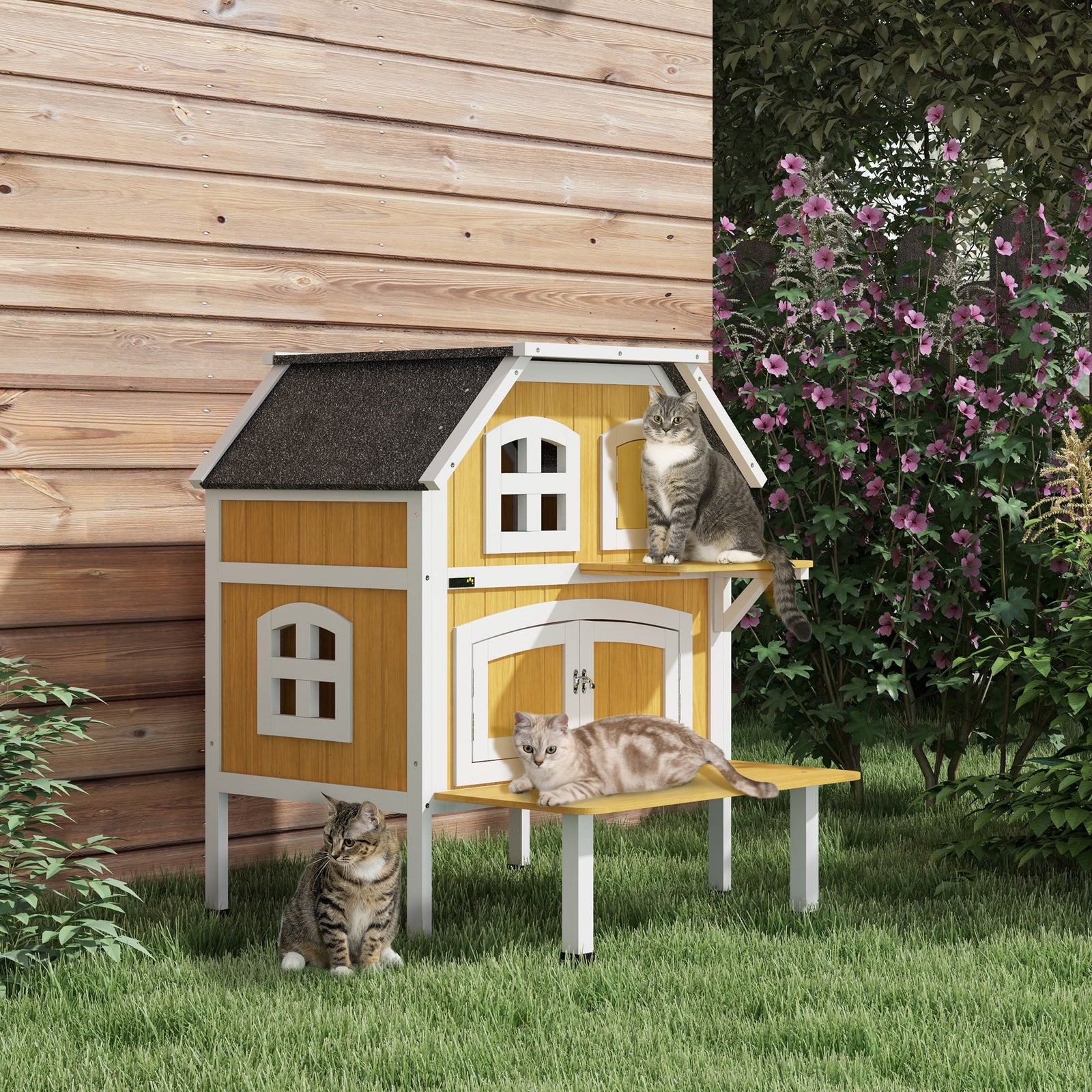 Outdoor Cat House Cat Shelter W/ Openable Asphalt Roof, Escape Doors