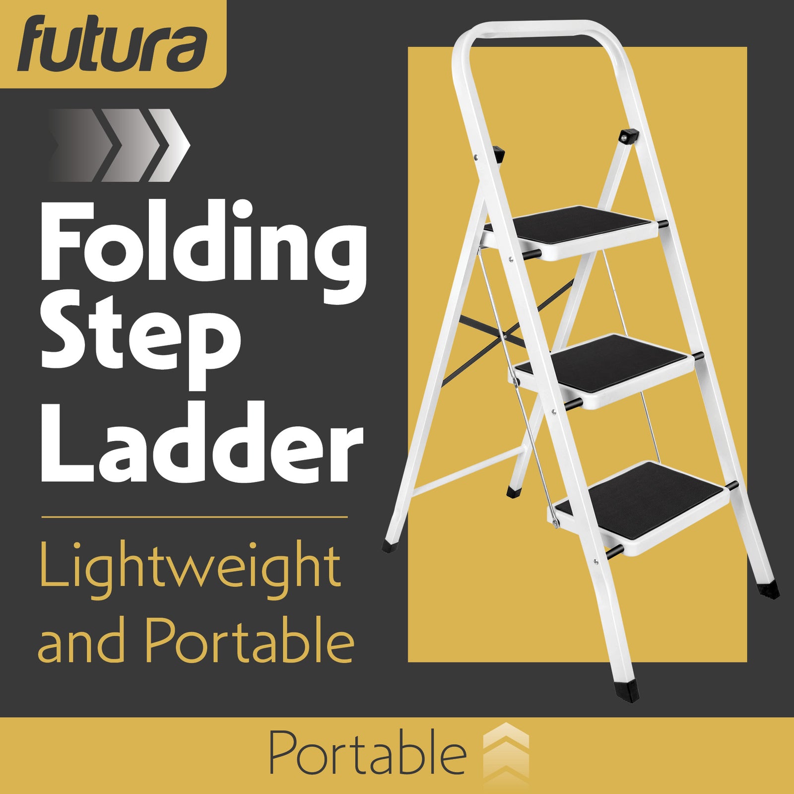 3 Step Ladder, Heavy-duty Steel Folding Home Diy Step Stool With Wide Non-slip Steps & Anti Slip Feet 150kg Capacity | 3 Step | White