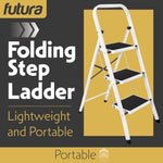 3 Step Ladder, Heavy-duty Steel Folding Home Diy Step Stool With Wide Non-slip Steps & Anti Slip Feet 150kg Capacity | 3 Step | White