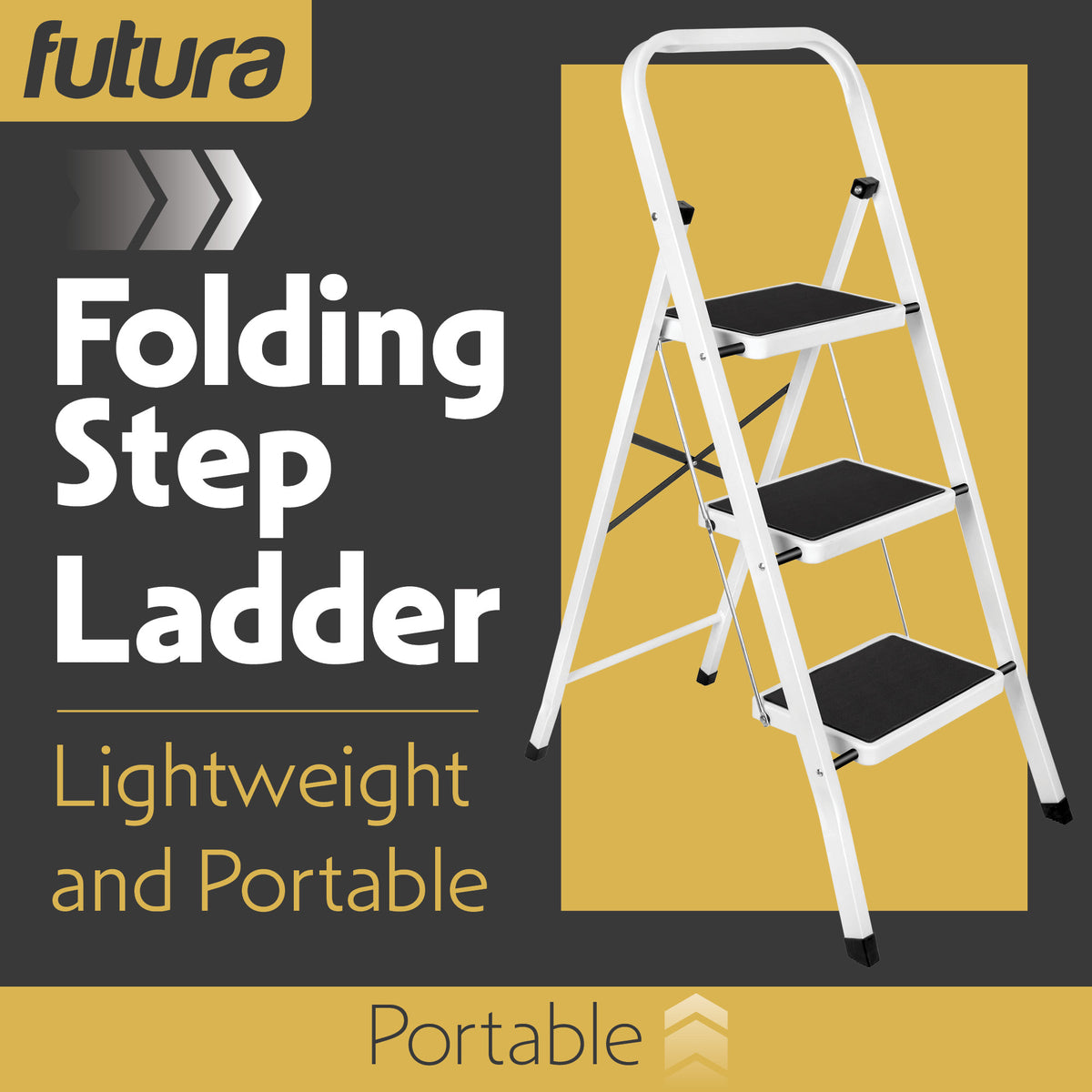 3 Step Ladder, Heavy-duty Steel Folding Home Diy Step Stool With Wide Non-slip Steps & Anti Slip Feet 150kg Capacity | 3 Step | White