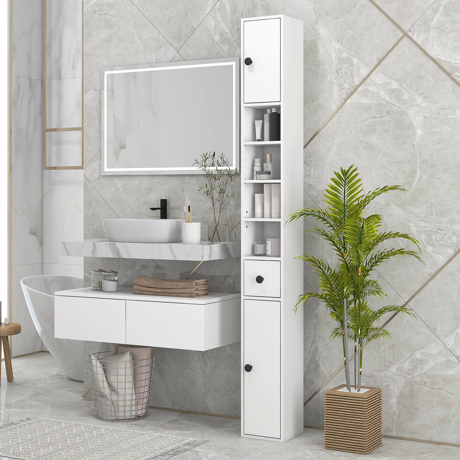 Slim Bathroom Cabinet, Toilet Roll Storage W/ Open Shelves | One Size | White