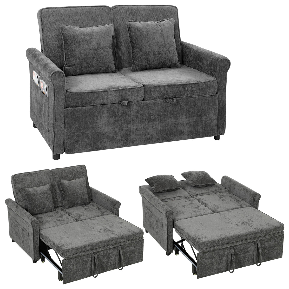 2 Seater Sofa Bed, 3-in-1 Convertible Pull Out Sofa Bed | Grey
