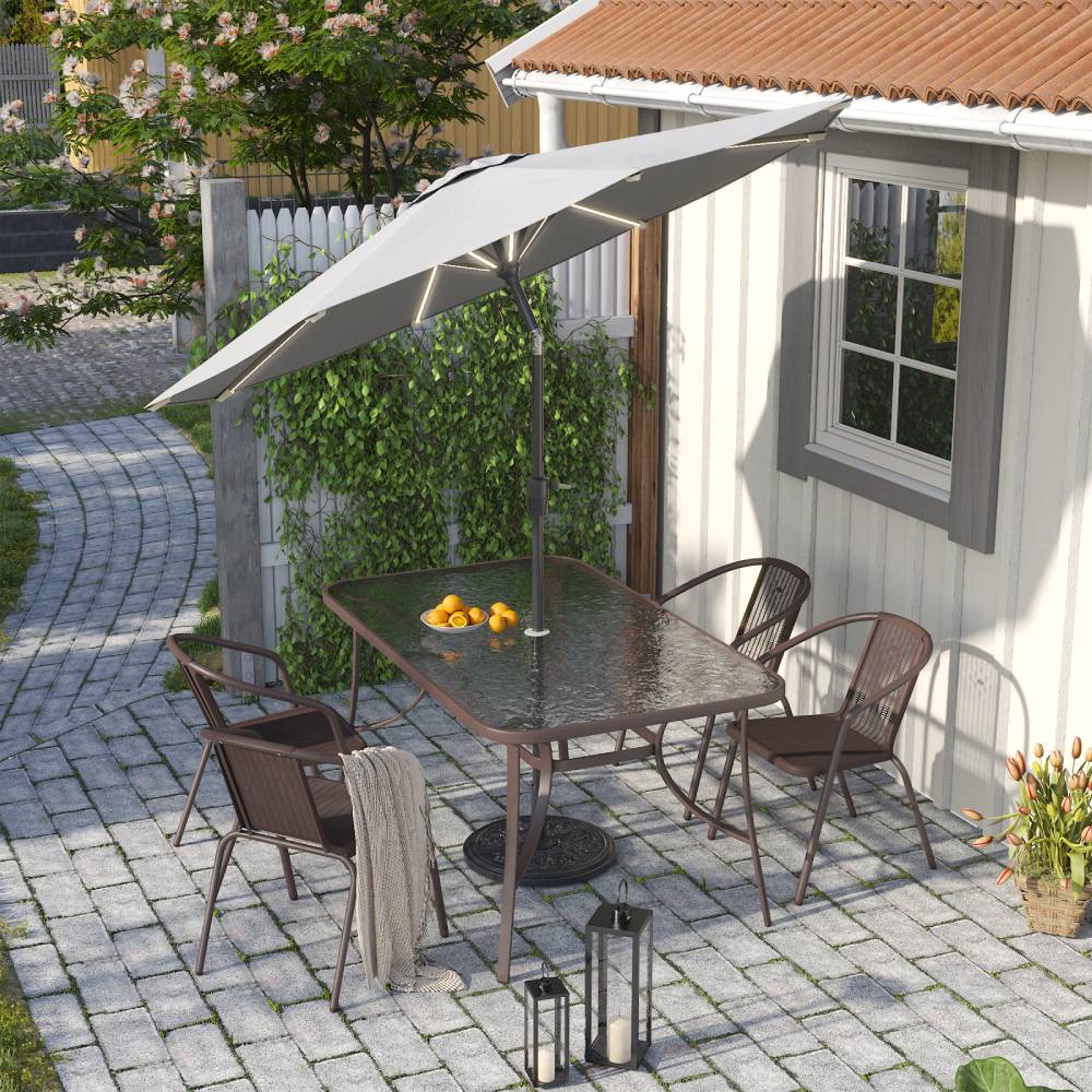3m Solar Led Patio Umbrella, Outdoor Parasol With 16 Led Tubes, Crank Lift & Push Button Tilt With Cement Base | One Size | Light Grey