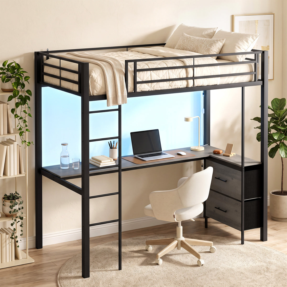 HOMCOM Metal Bunk Bed With Desk, High Sleeper With Led Light And Safety Guardrail