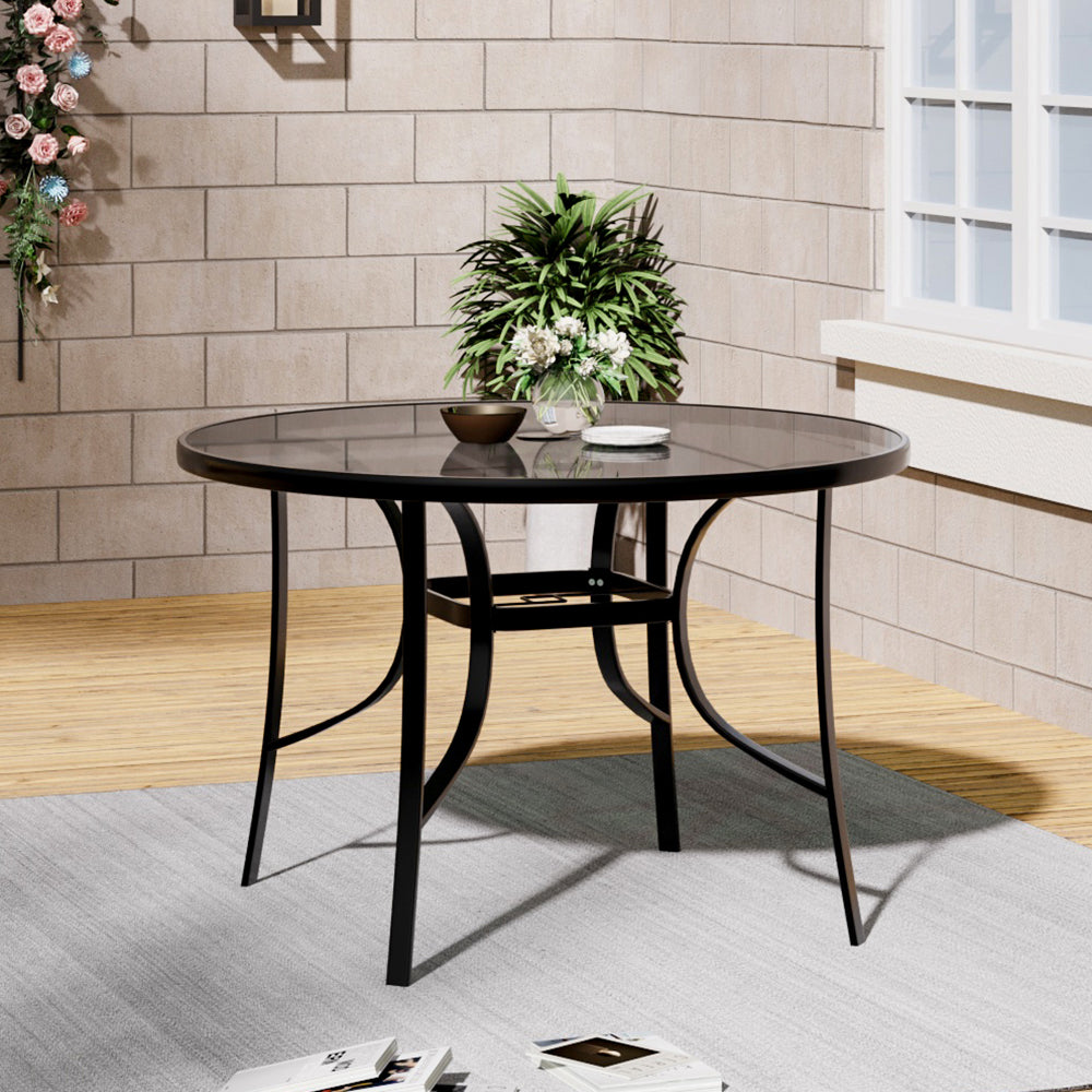 Round Metallic And Tempered Glass Garden Table With Parasol Hole Outdoor - 80cm/105cm Dia X 72 Cm H | Large | Black
