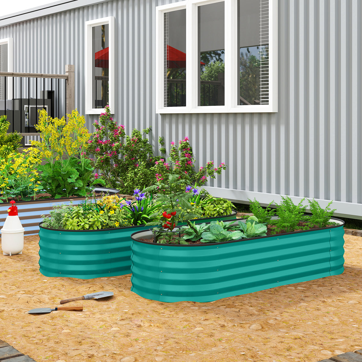 Raised Beds For Garden With Metal Plant Stakes | Set of 2 | Green