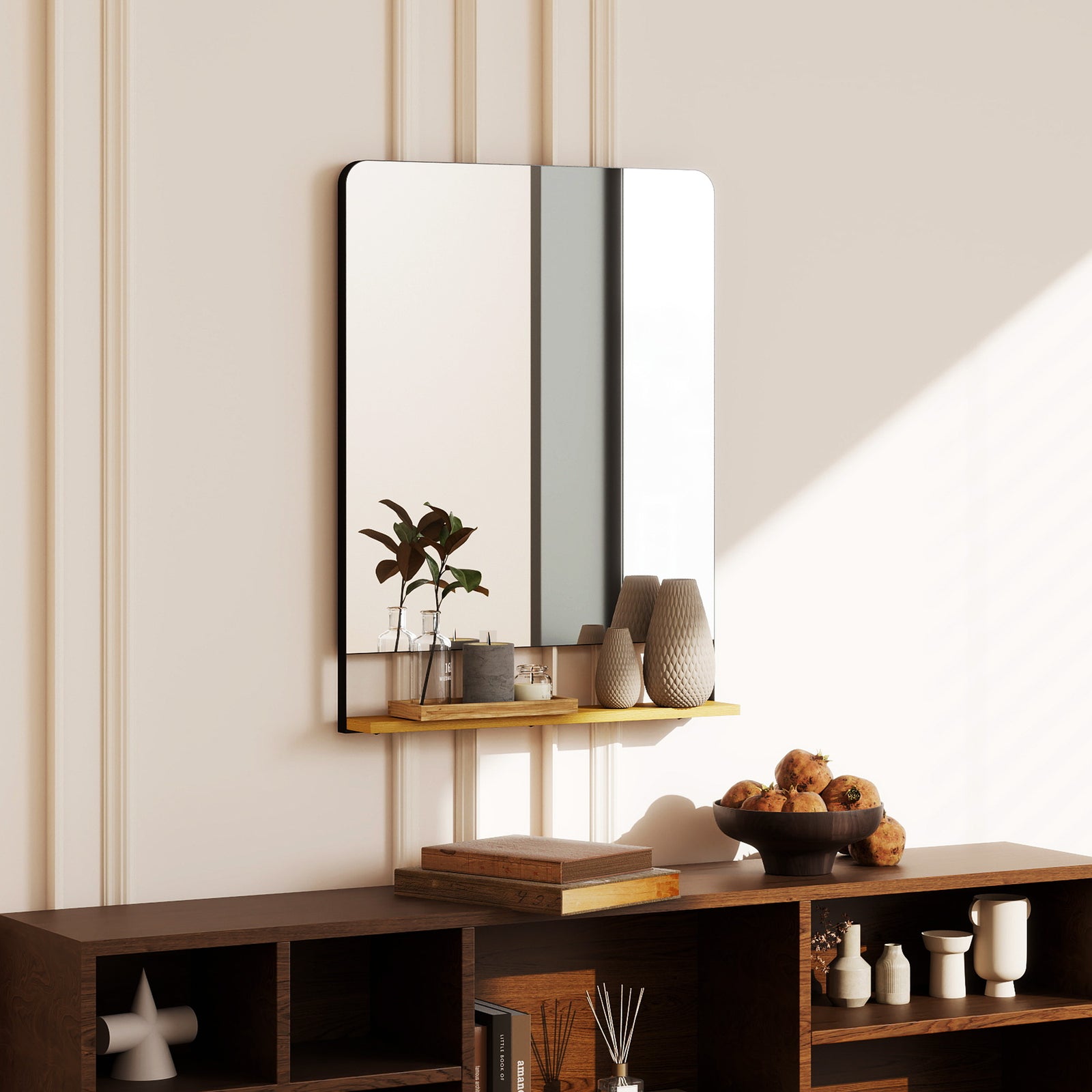 Decorative Mirror With Wood Shelf, Industrial Wall Mirror | L | Black