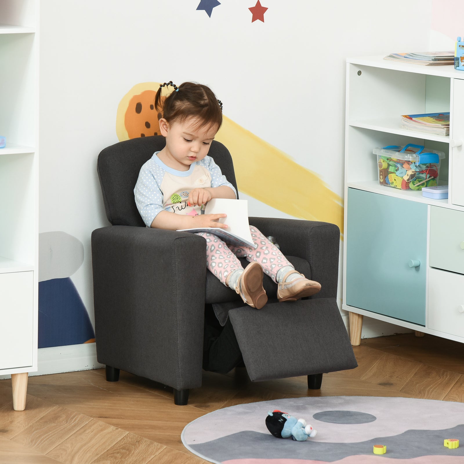 Kids Sofa With Footrest Linen Recliner Armchair Playroom Bedroom Grey