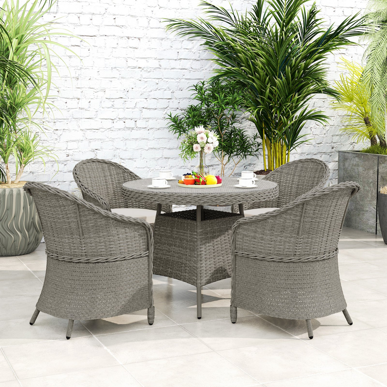 Rattan Dining Set For 4 With Cushions And Umbrella Hole