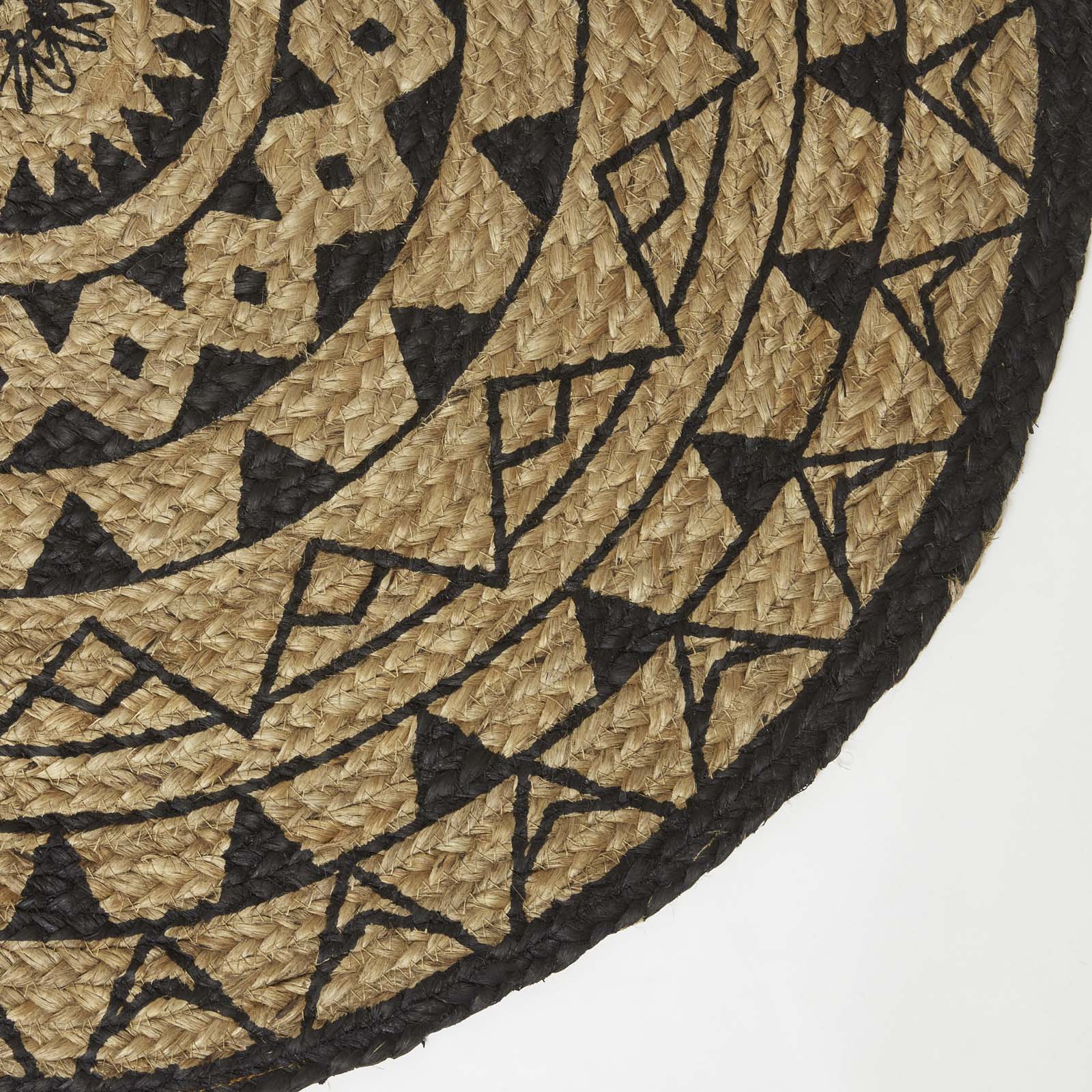 Natural & Black Mandala Braided Jute Rug Round | 70cm x 70cm | Black