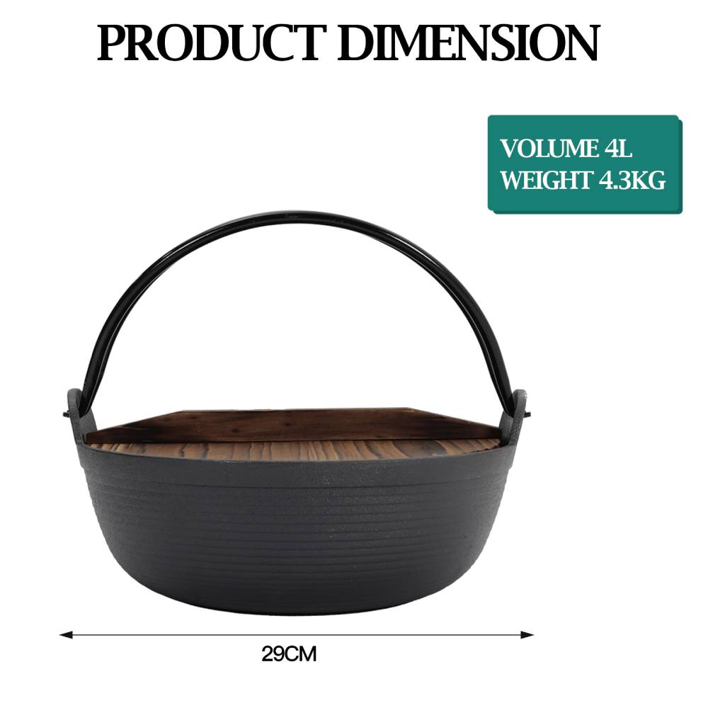27cm/29cm Dia Cast Iron Pot With Wooden Lid For Campfire Cooking | Large | Black