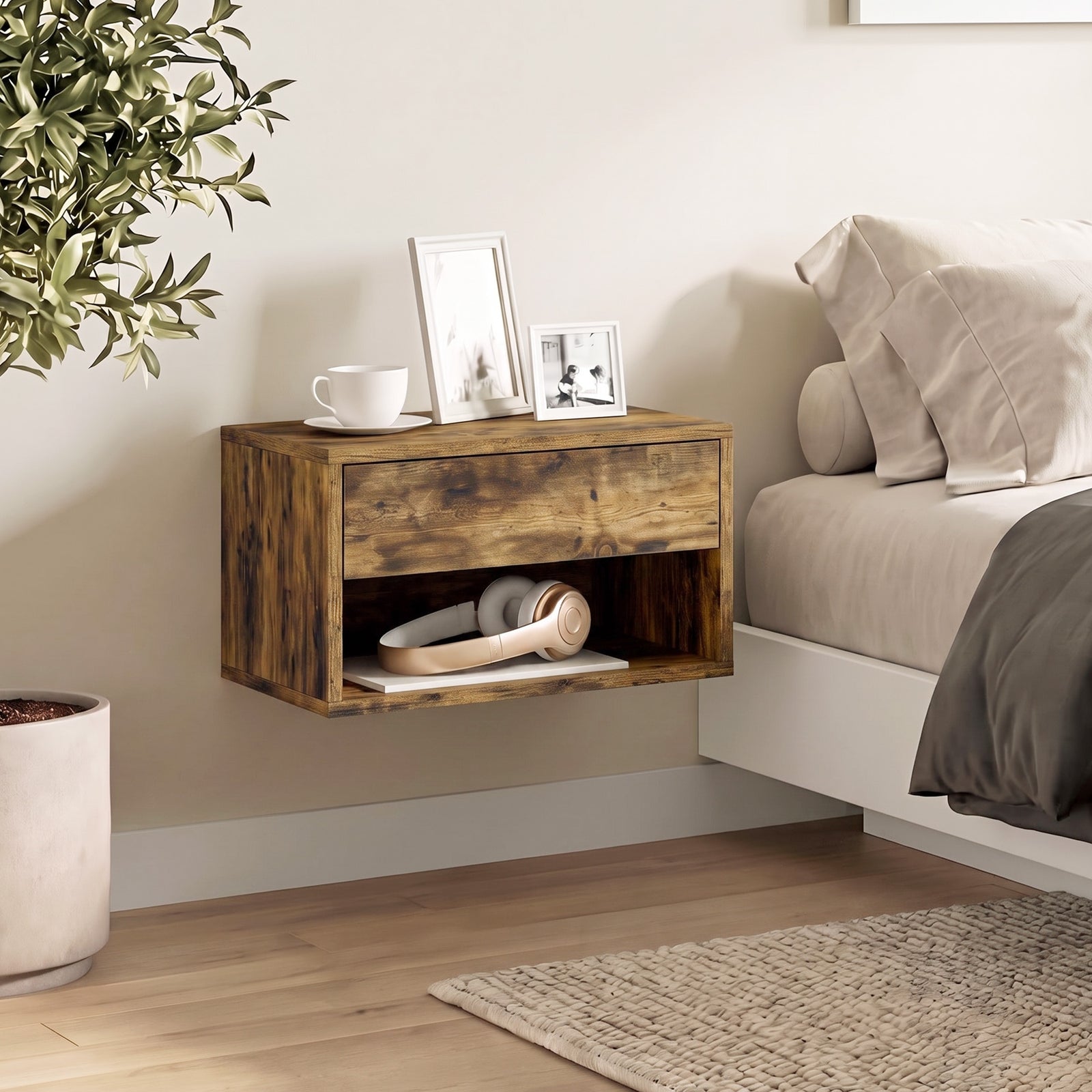 HOMCOM Floating Nightstands Set Of 2, Bedside Table W/ Drawer And Open Shelf