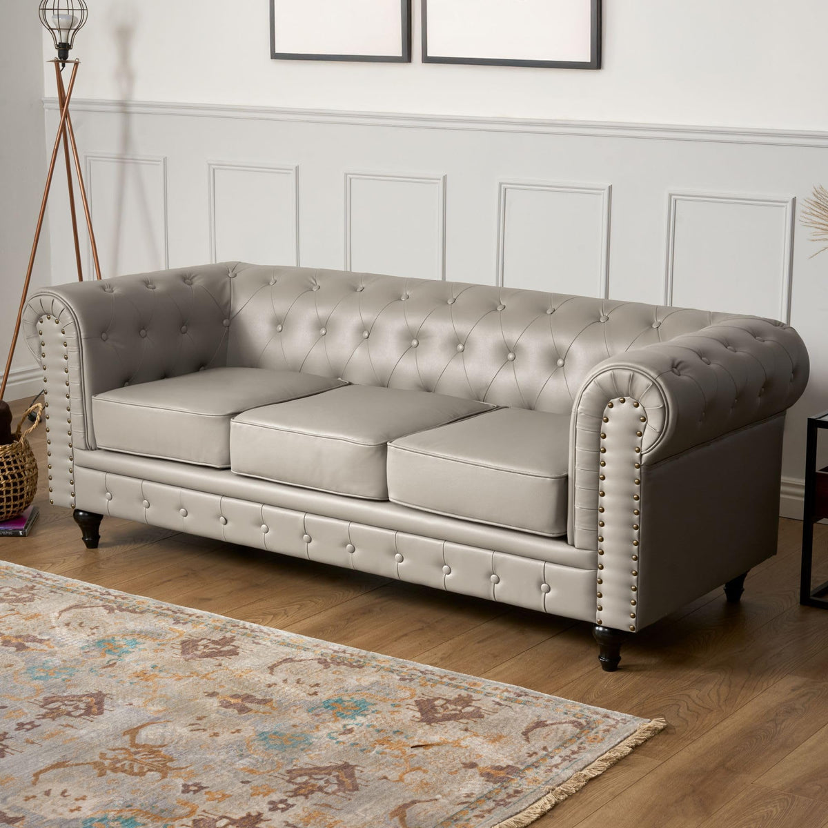 Chesterfield Scroll Arm Faux Leather Sofa 3 Seater | Grey
