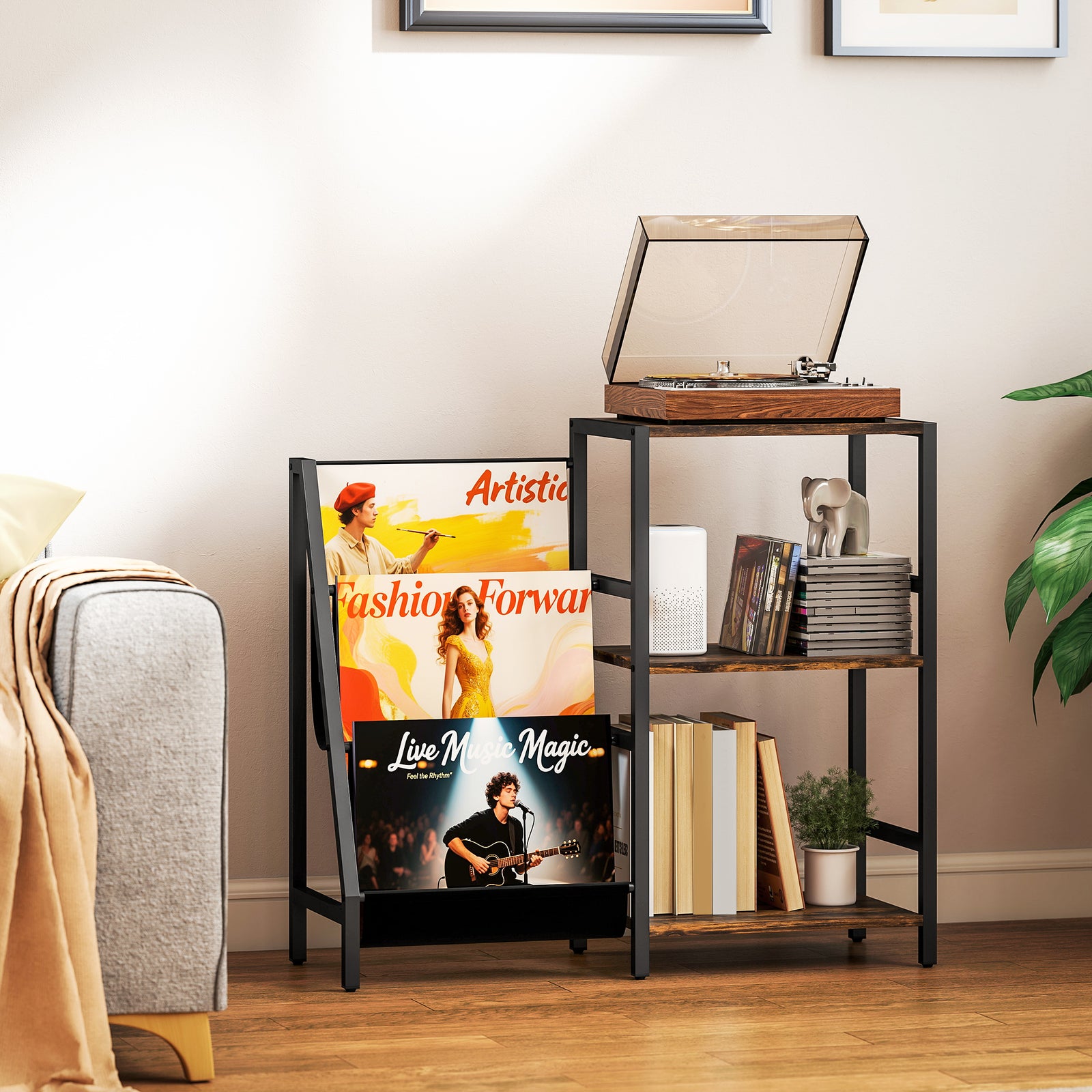 Record Player Stand, 3-tier Side Table With Vinyl Record Storage | Brown
