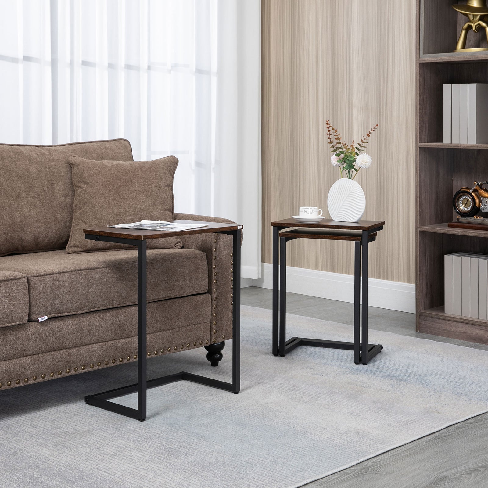 C-shaped Nesting Tables, Set Of 3, Rustic Brown