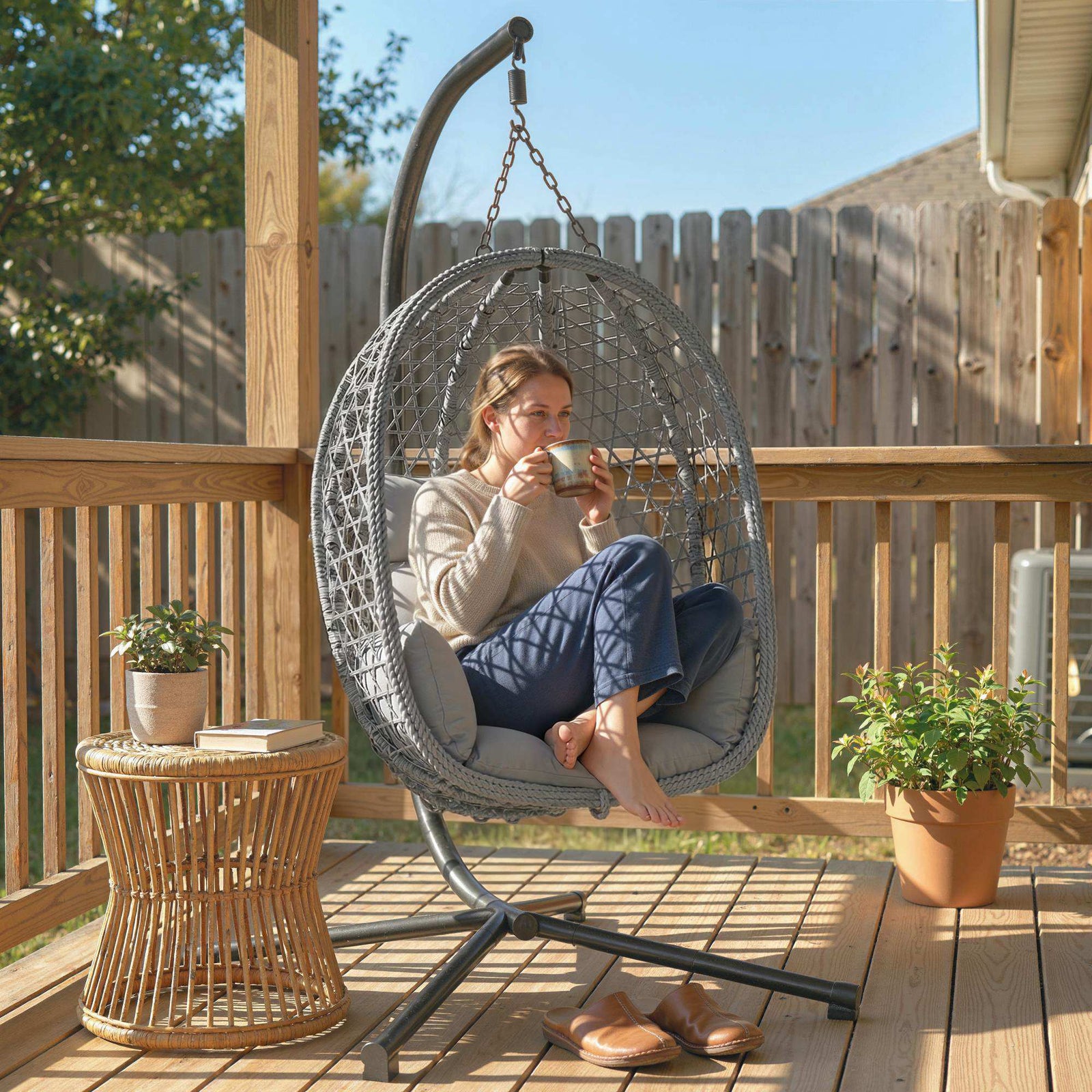 Hanging Egg Chair, Rattan Swing Chair With Stand | Dark Grey