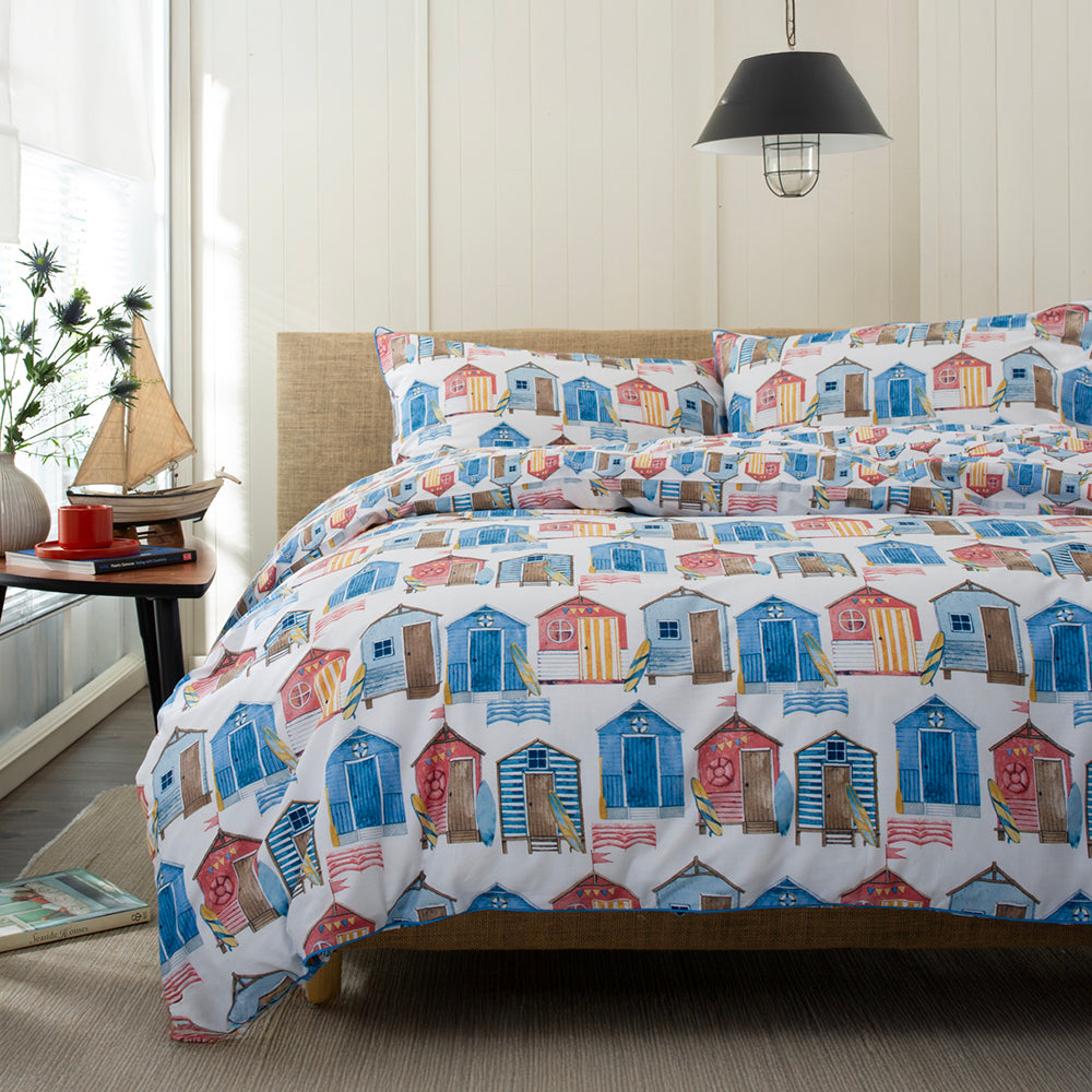 Queen's Parade 100 Percent Cotton Duvet Set With Colourful Beach Hut Print And Piped Edge Detail | Double | Multi Colour