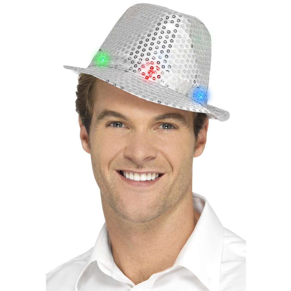 Light Up Sequin Trilby Hat, Silver