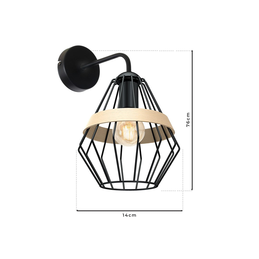 Cliff Black Wall Lamp 1xe27 Hand Made Matt Black Cage Style Lamps With Natural Wood Detail