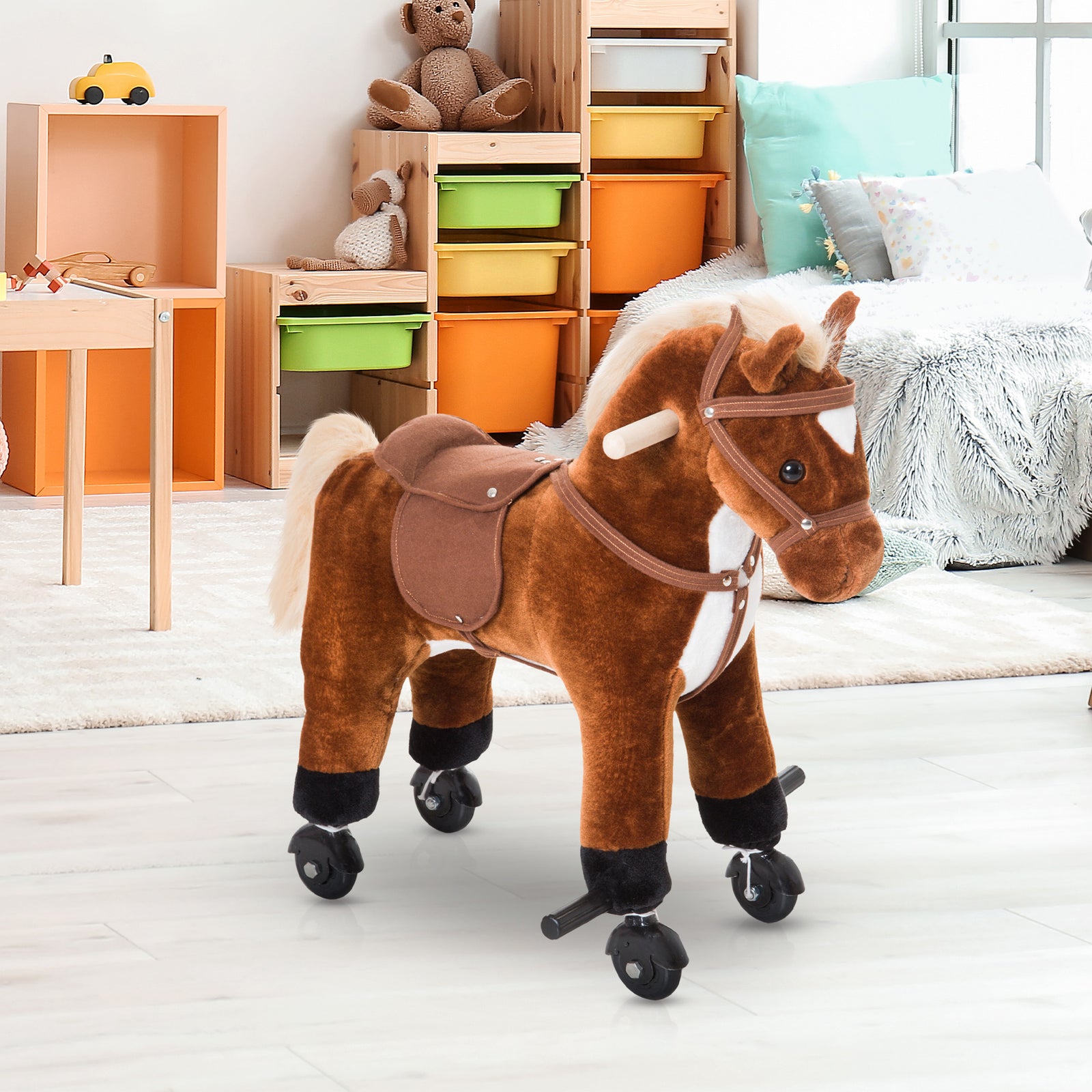 Rocking Horse Ride On Rocker Children Plush Toy Wooden Horse Sound | Brown
