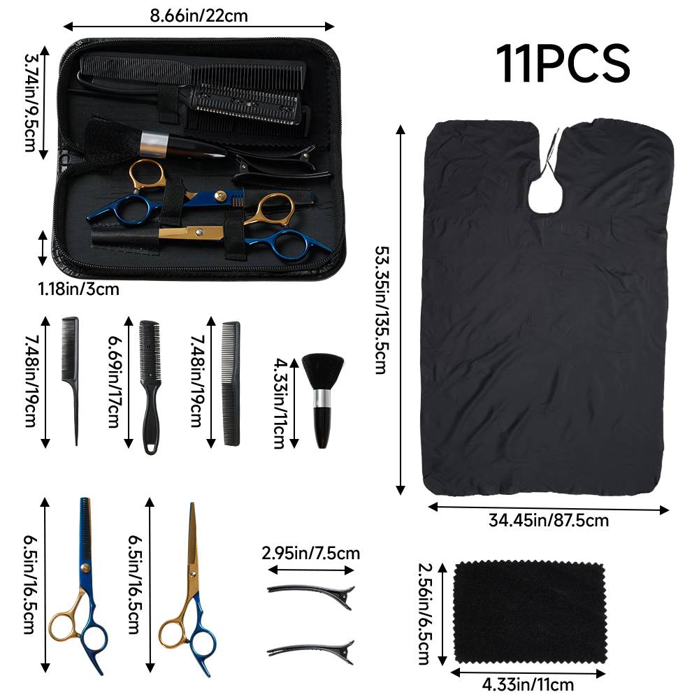 11-piece Hair Cutting Scissors Thinning Shears Set | Blue & Gold