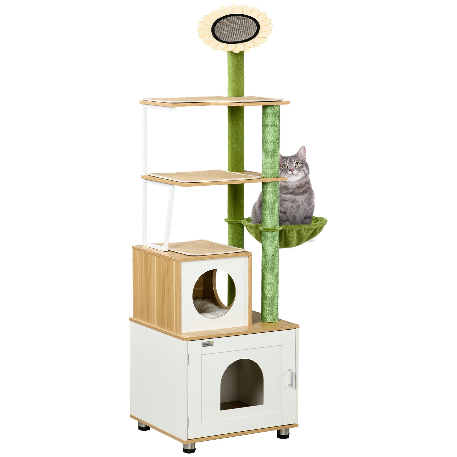 Cat Tree W/ Litter Box, Scratching Post, Cat House, Hammock - Oak Tone