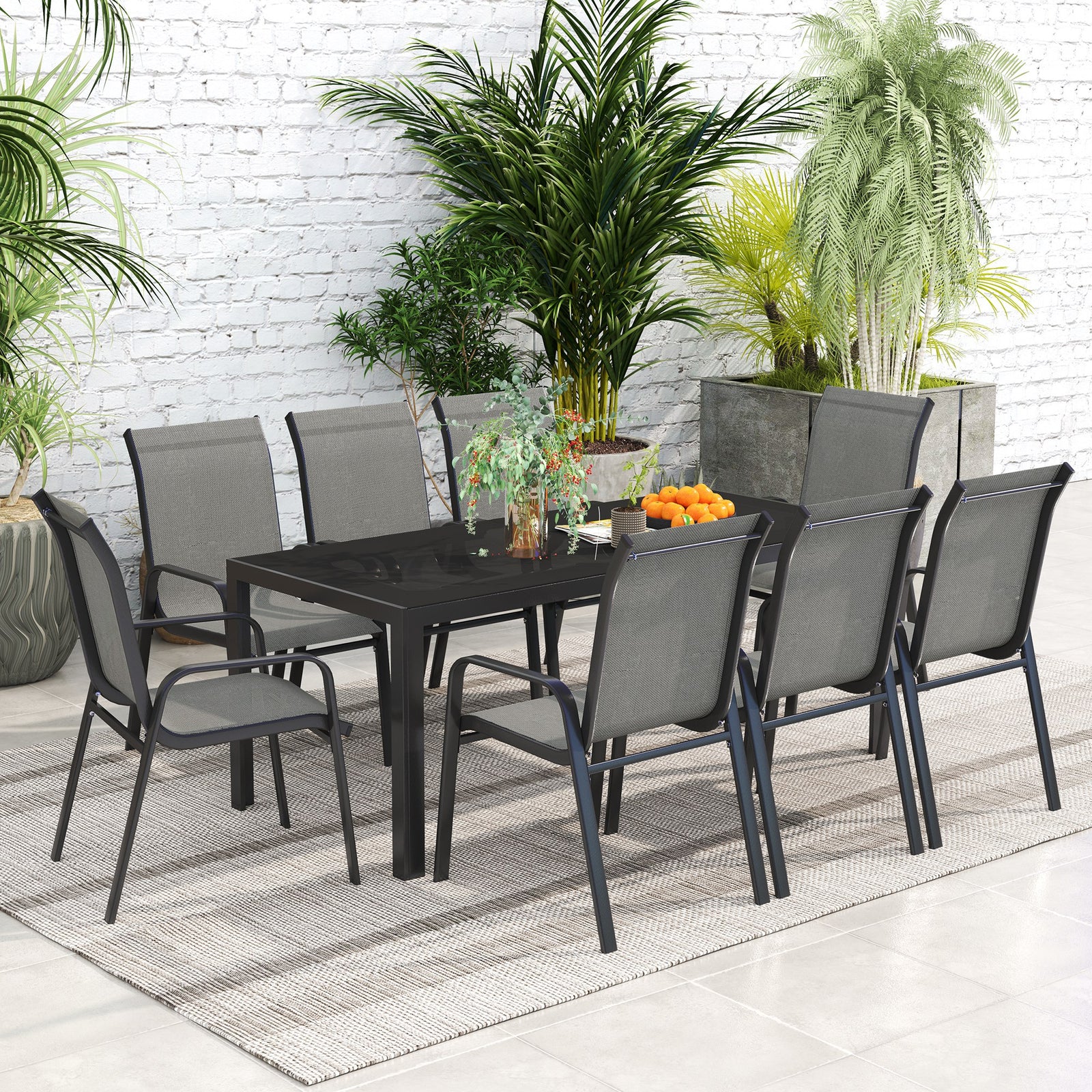 9 Pieces Patio Dining Set With Stackable Chairs | Dark Gray