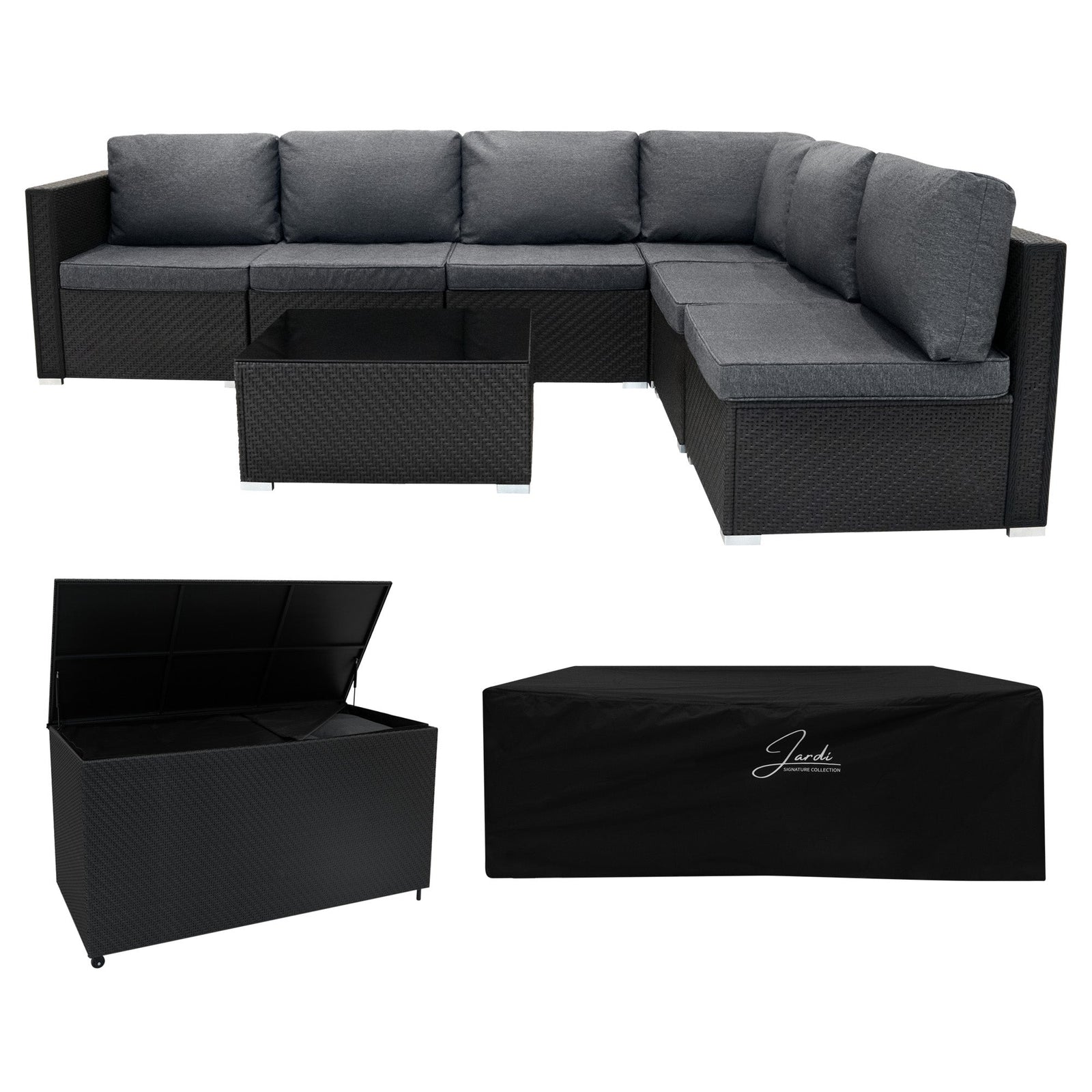 Rattan Modular 7 Piece Furniture Set & 700l Storage Box | Black