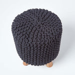 HOMESCAPES Black Tall Cotton Knitted Footstool On Legs