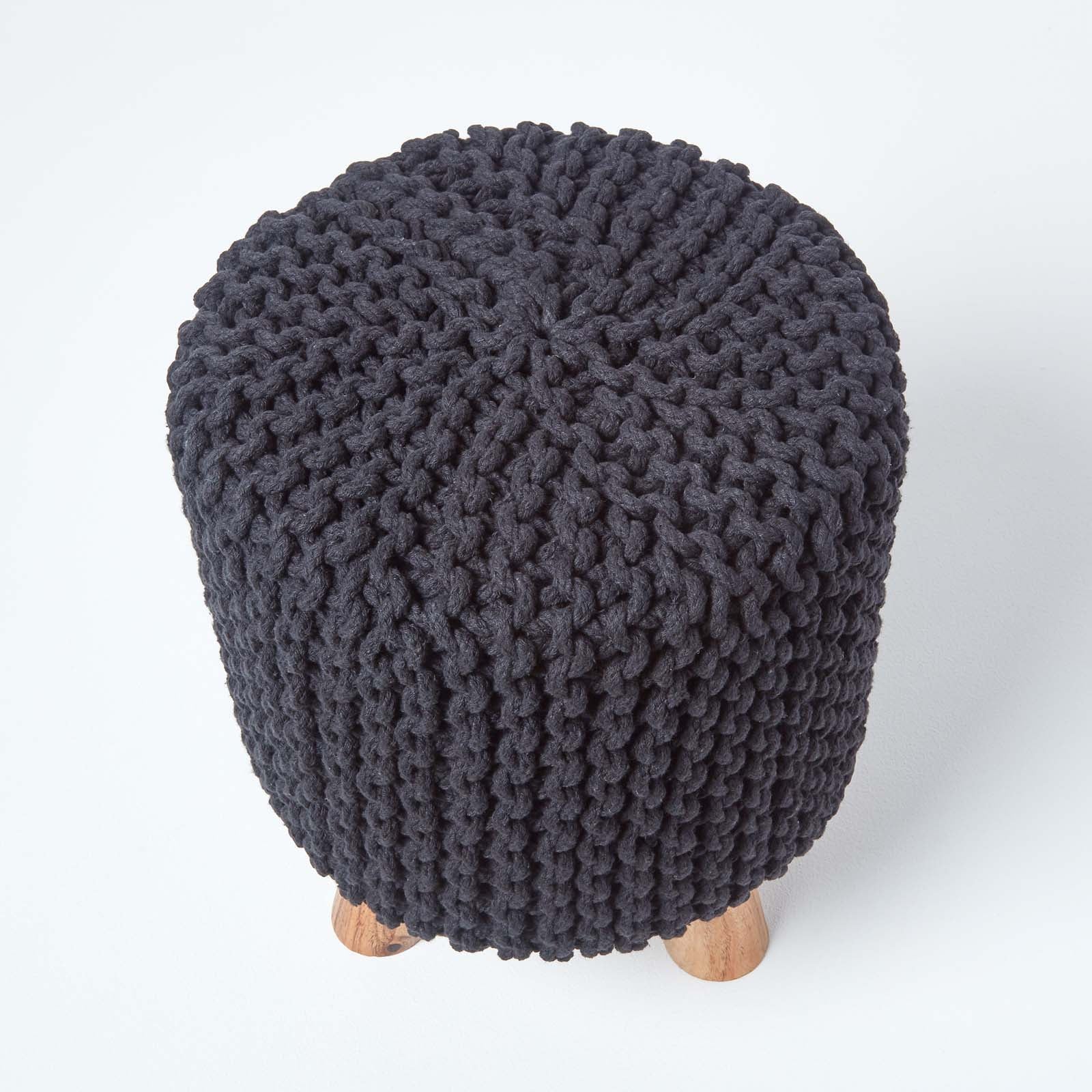 HOMESCAPES Black Tall Cotton Knitted Footstool On Legs