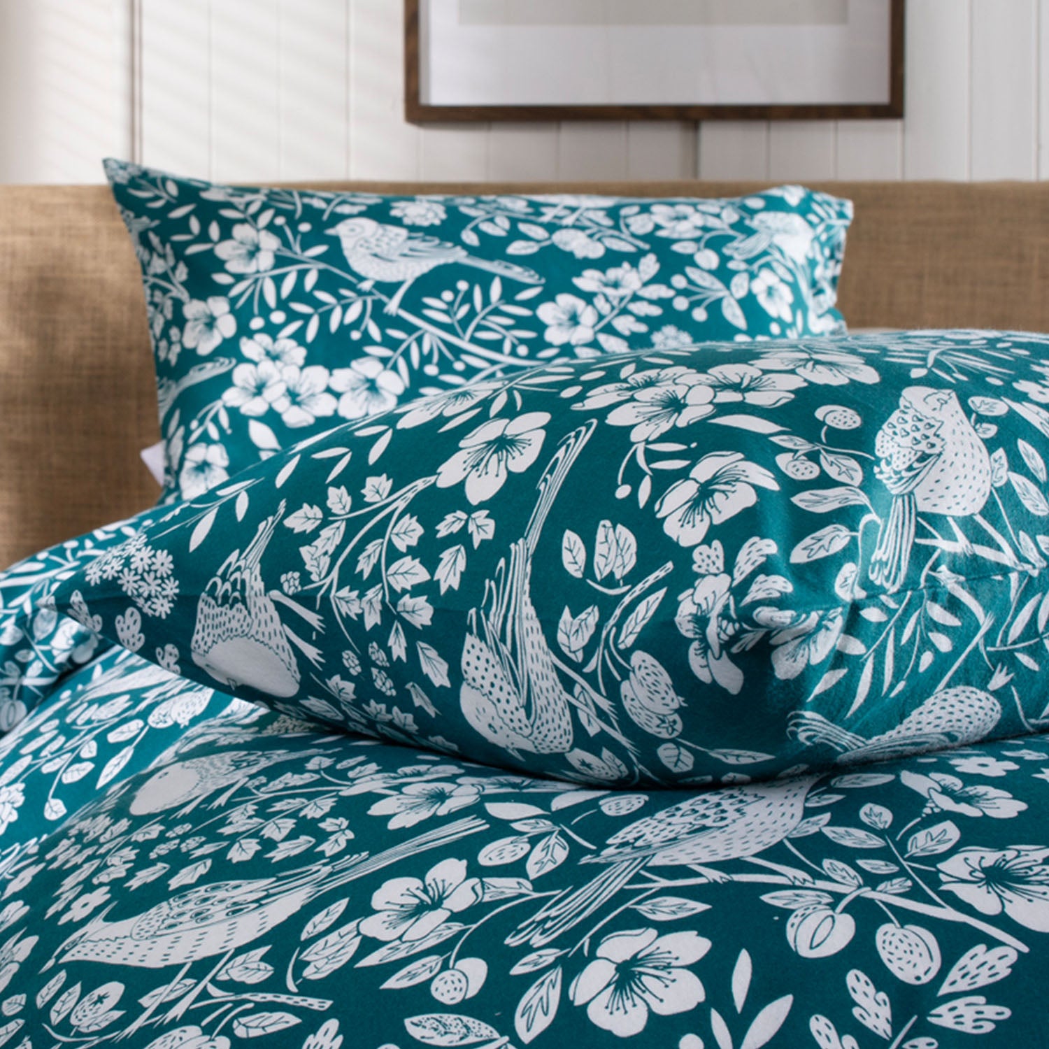 Woodland Bird Printed Design Brushed Cotton Duvet Set | Super King | Green