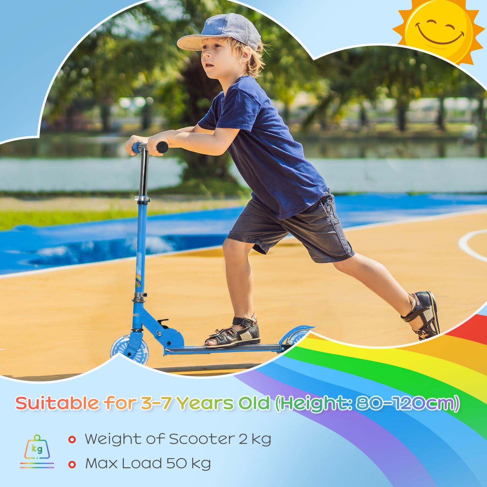 Kids Scooter 2 Wheels W/ Lights Music Adjustable Height Foldable | Blue