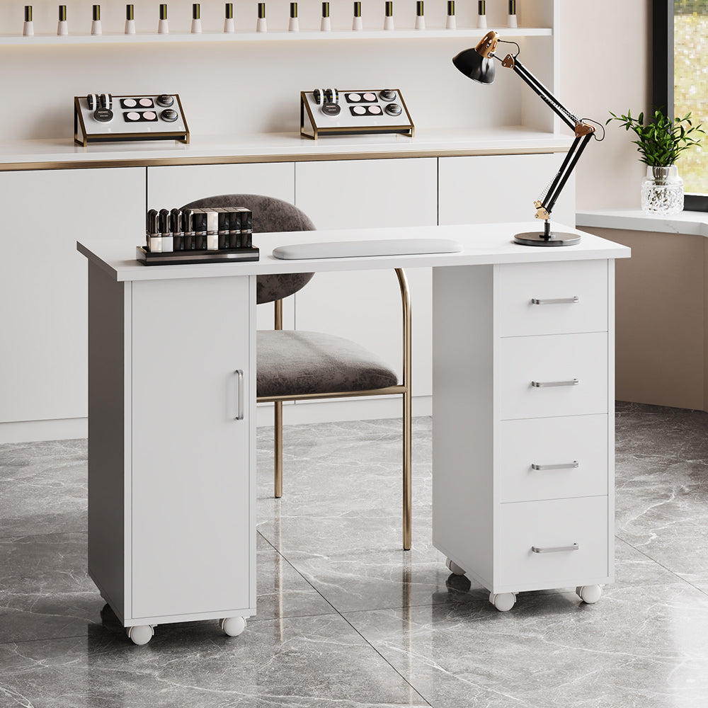 Mobile Manicure Table With 1 Cabinet And 4 Drawers | White