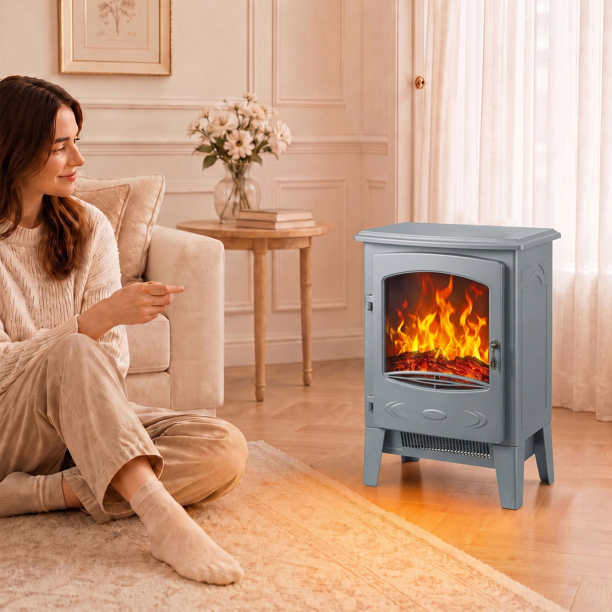 Electric Fireplace Freestanding W/ Realistic Flame Effect, Grey
