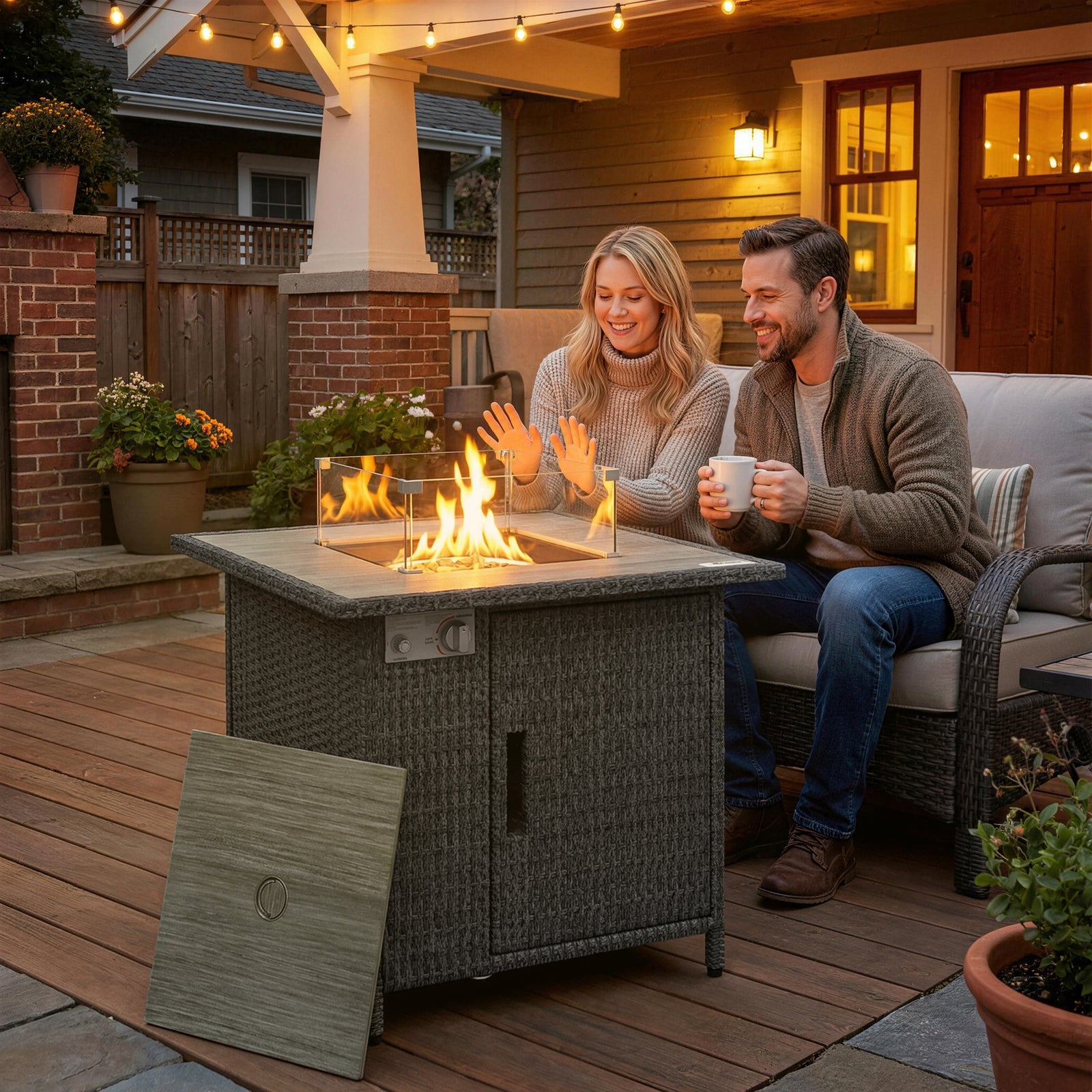 Rattan Gas Fire Pit Table With Rain Cover, Wind Guard, 14.5 Kw | Dark Grey