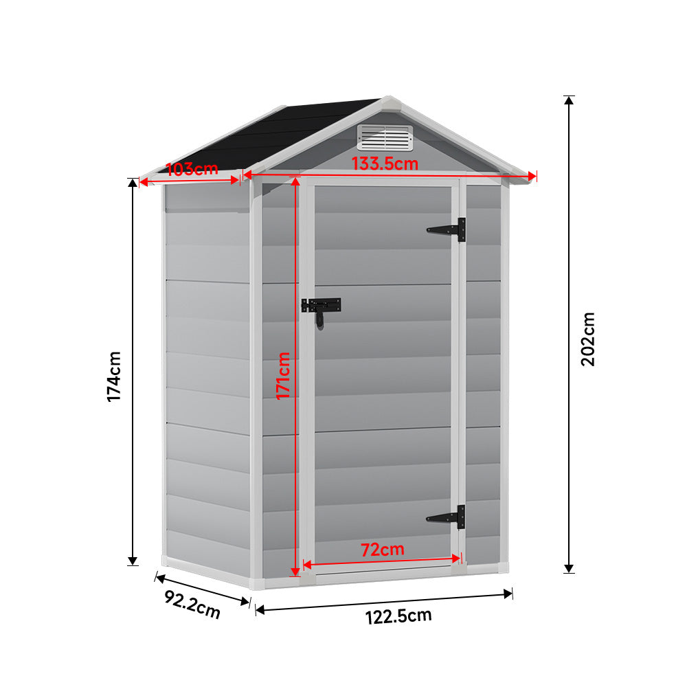 4.4x3.4ft Apex Roof Garden Plastic Storage Shed With Lockable Door | Medium | Black & Grey