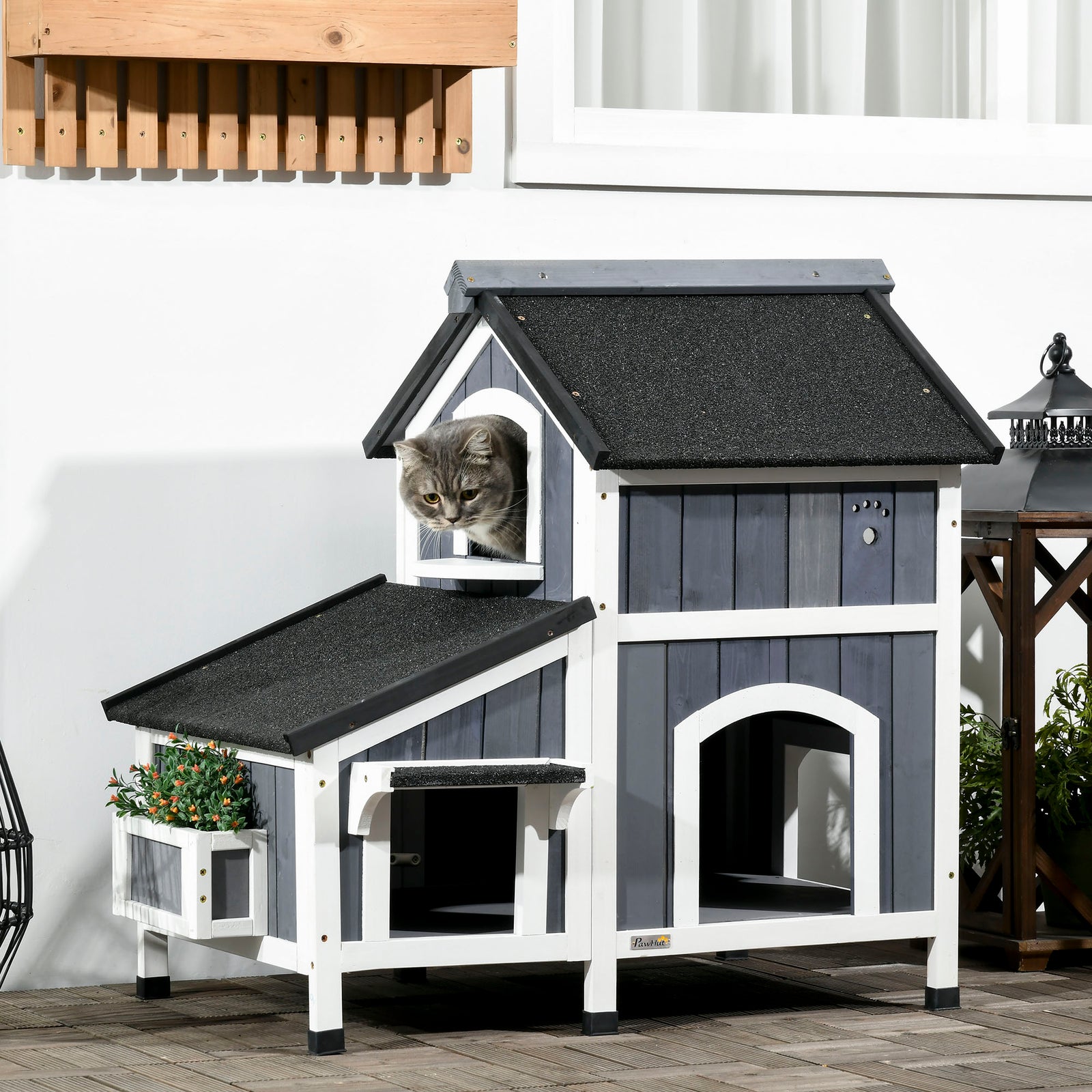 Wooden Outdoor Cat House W/ Flower Pot, Windows, Multiple Entrances