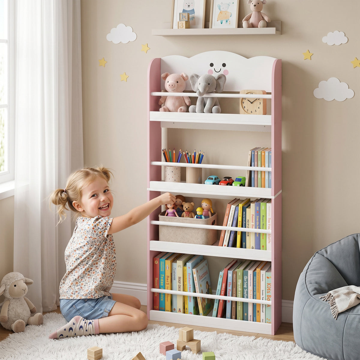 AIYAPLAY Kids Bookshelf Bookcase With 4-tier Shelves For Living Room, Pink