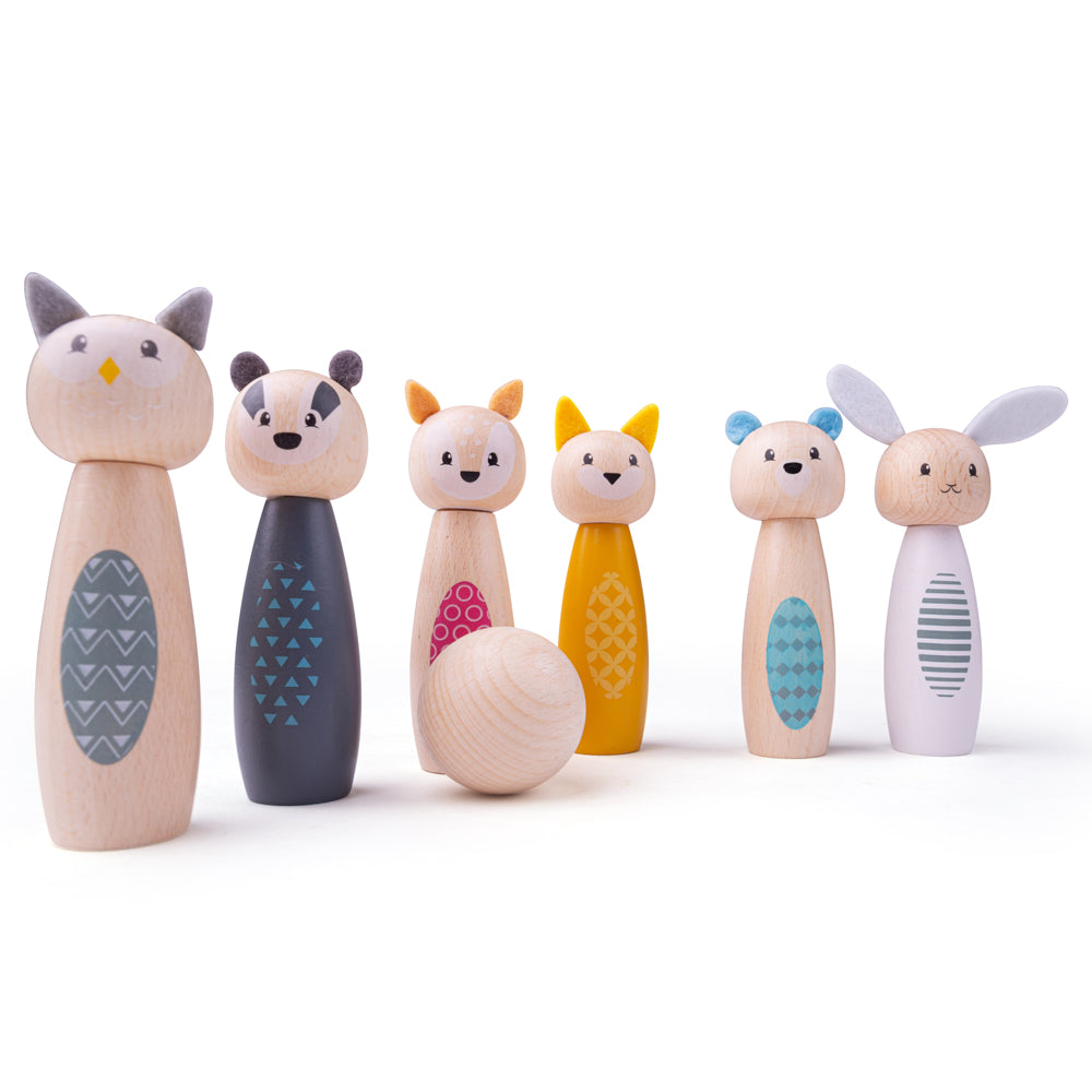 Wooden Animal Skittles Game, 1 Ball & 6 Animal Skittles