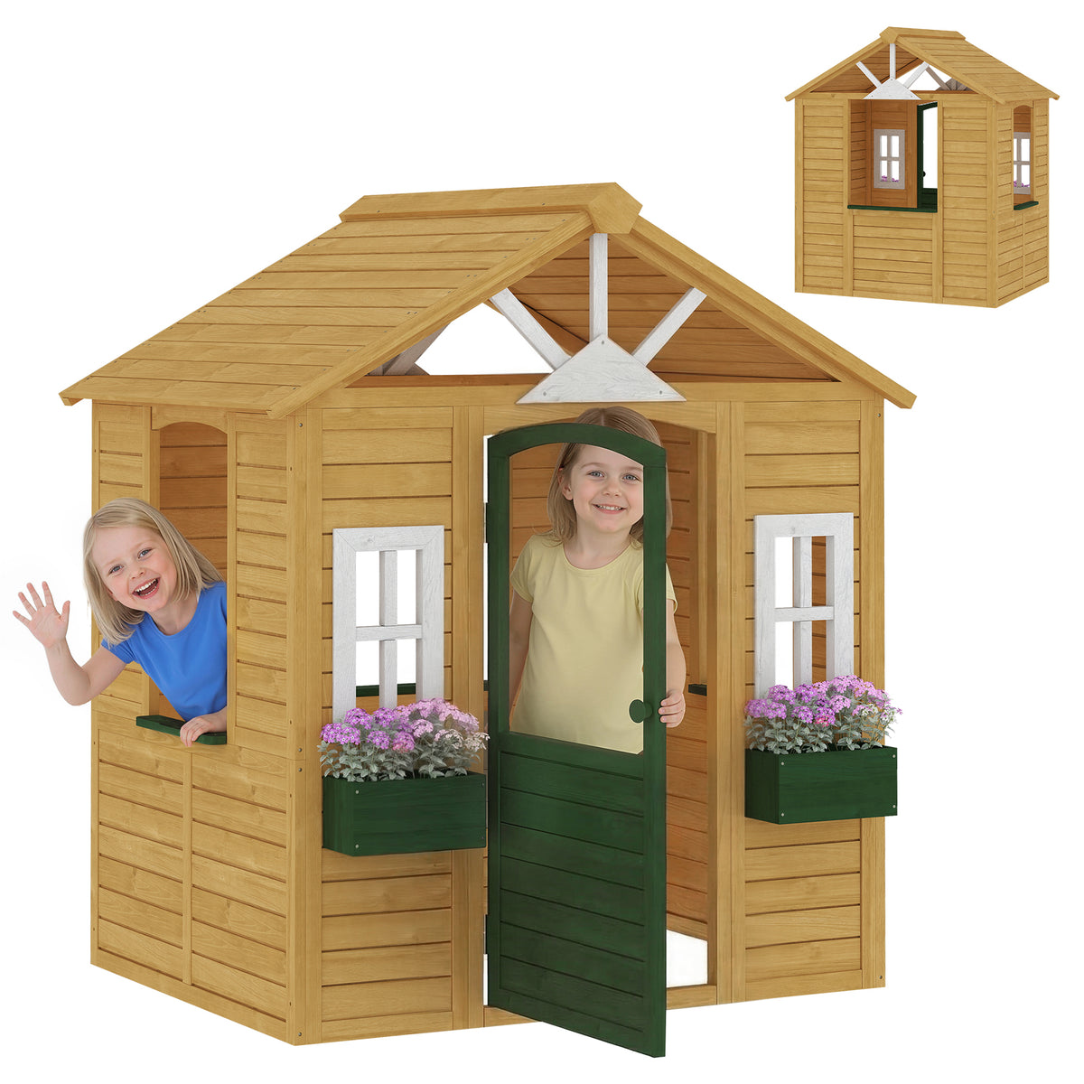 AIYAPLAY Outdoor Playhouse, Wooden Wendy House With Door, 2 Flower Boxes